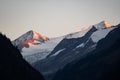 The last hours of sunshine of the day shine on the snow-covered top of the mountain `GroÃÅ¸venediger`